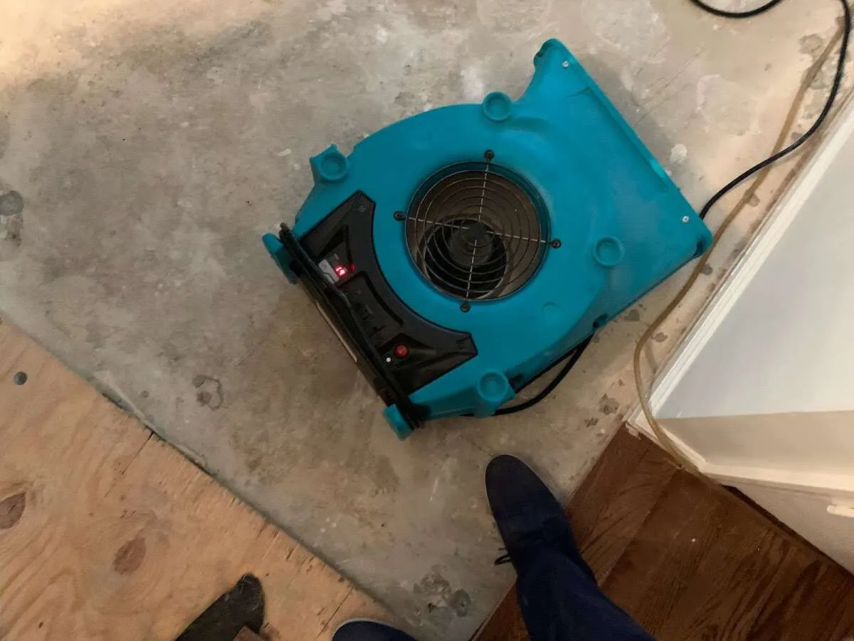 Air mover drying subfloor during Commercial Water Damage Restoration in Montebello